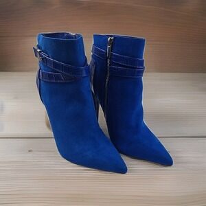 Chloe & Le Cobalt Blue Croc Embossed Suede Bootie Stiletto Ankle Boots Size 8